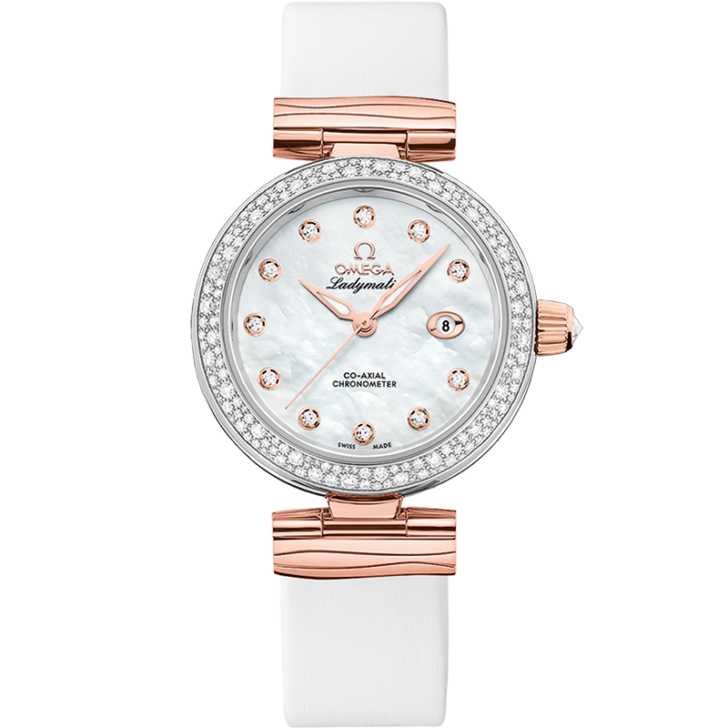 Omega DE VILLE LADYMATIC 34 mm, steel ‑ Sedna™ gold on leather strap 425.27.34.20.55.004