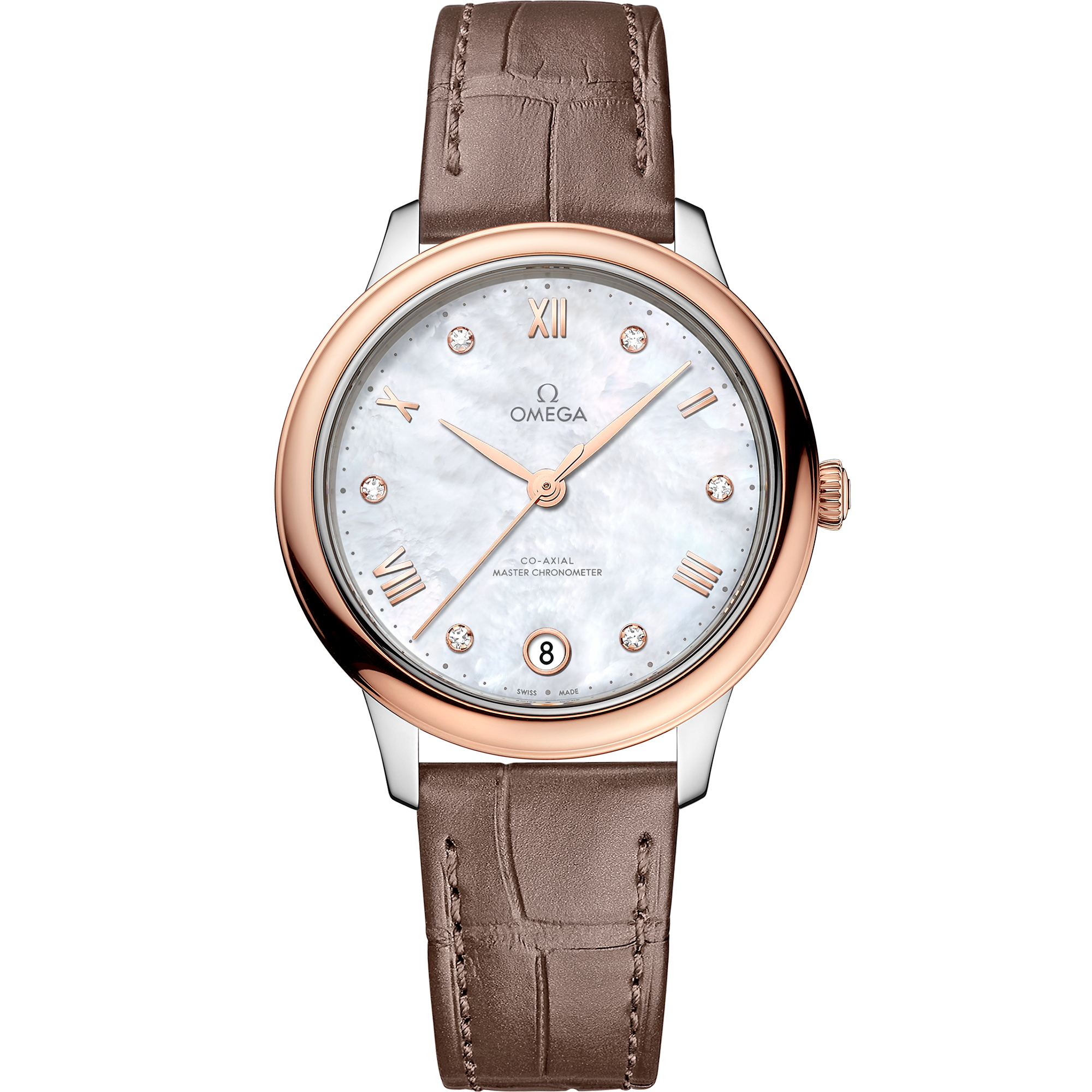 Omega DE VILLE PRESTIGE 34 mm, steel ‑ Sedna™ gold on leather strap 434.23.34.20.55.001